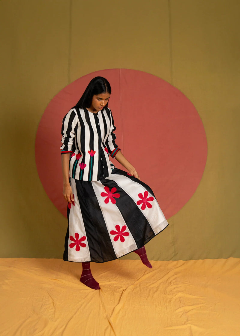 PW Florist Skirt-Black and White chanderi skirt by Ka-Sha in black for women in Singapore
