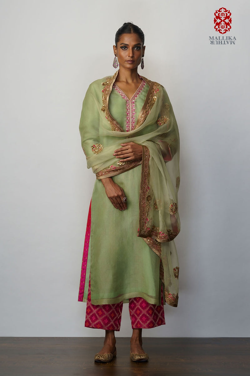 kora Mint 3 pc set with green embroidered Dupatta Buy Dupatta kora mint green embroidered from C&W | Dupattas for Women by Mallika Mathur in green color for women in Singapore