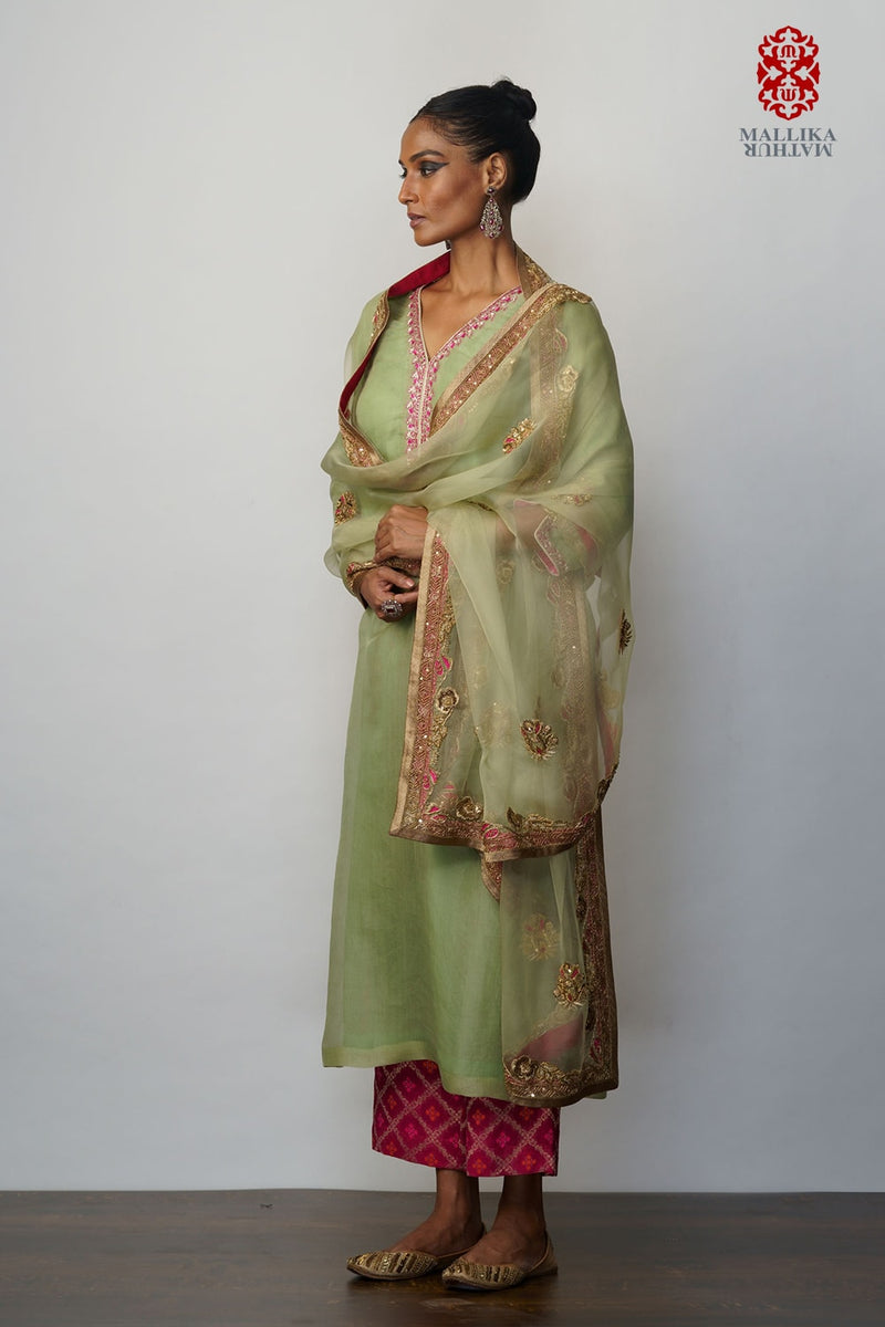 kora Mint 3 pc set with green embroidered Dupatta Buy Dupatta kora mint green embroidered from C&W | Dupattas for Women by Mallika Mathur in green color for women in Singapore