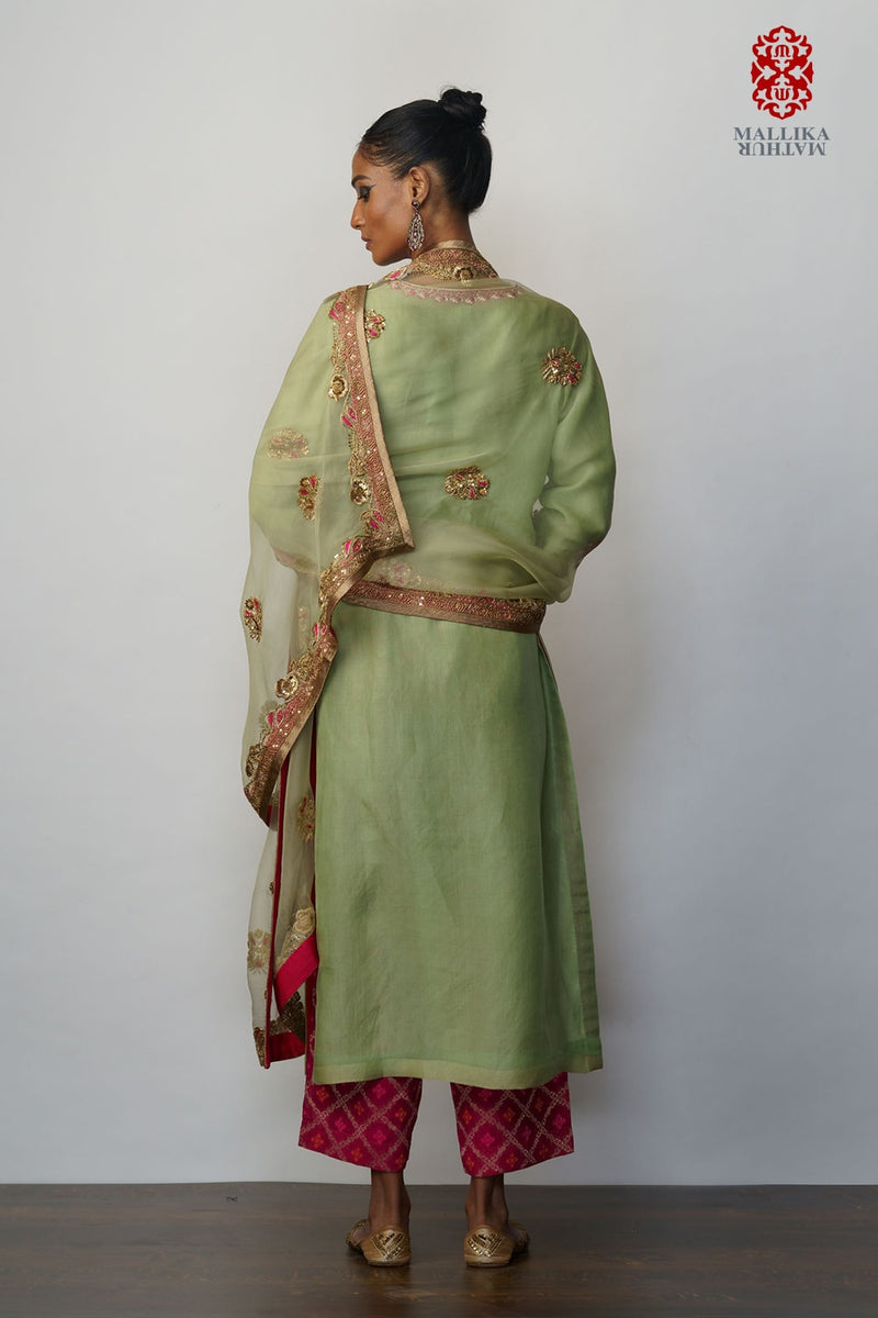 kora Mint 3 pc set with green embroidered Dupatta Buy Dupatta kora mint green embroidered from C&W | Dupattas for Women by Mallika Mathur in green color for women in Singapore
