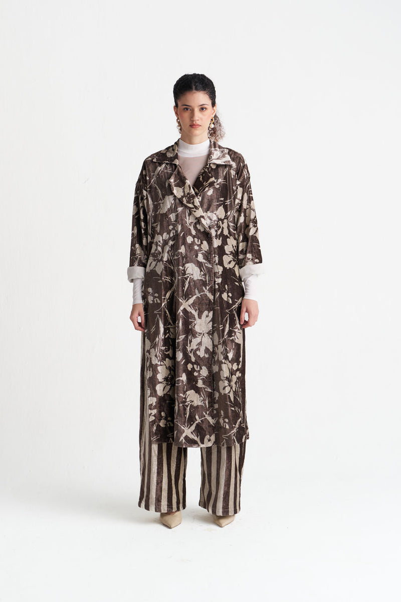 Velvet Floral Overlap Kaftan Co-Ord (Set Of 2)-Umber Floral velvet co-ord set by THREE in brown for women in Singapore