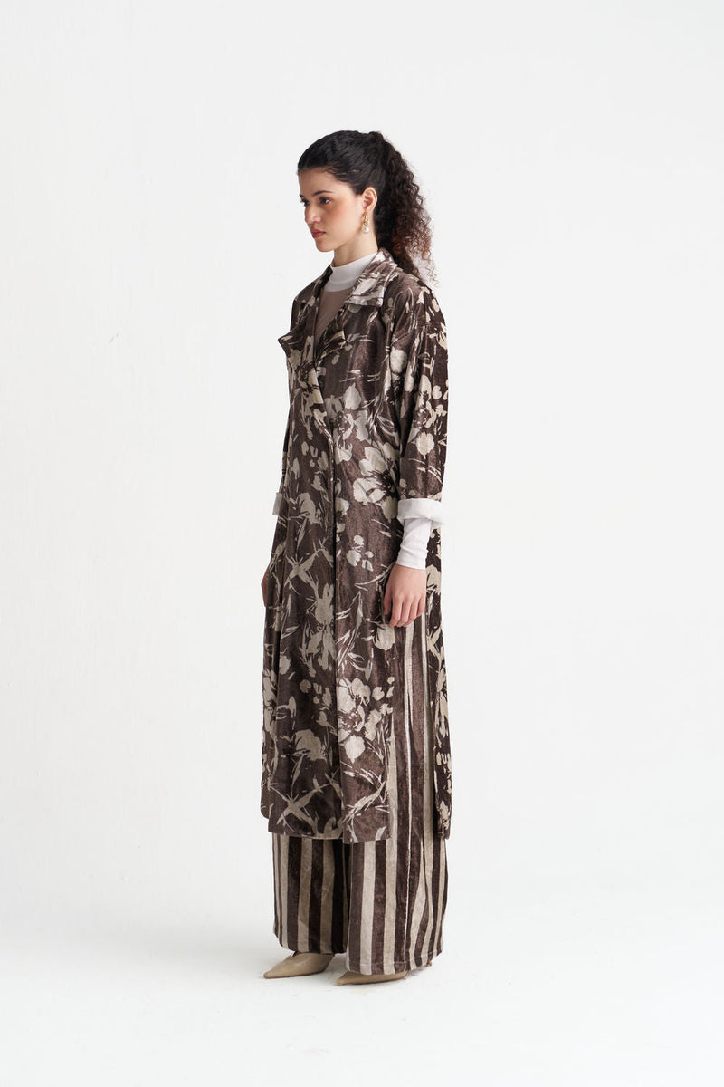 Velvet Floral Overlap Kaftan Co-Ord (Set Of 2)-Umber Floral velvet co-ord set by THREE in brown for women in Singapore
