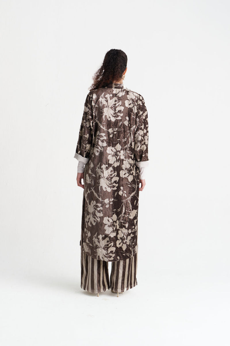 Velvet Floral Overlap Kaftan Co-Ord (Set Of 2)-Umber Floral velvet co-ord set by THREE in brown for women in Singapore