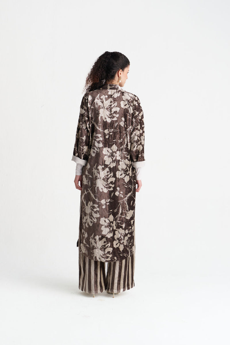 Velvet Floral Overlap Kaftan-Umber Floral velvet jacket/overlay by THREE in brown for women in Singapore