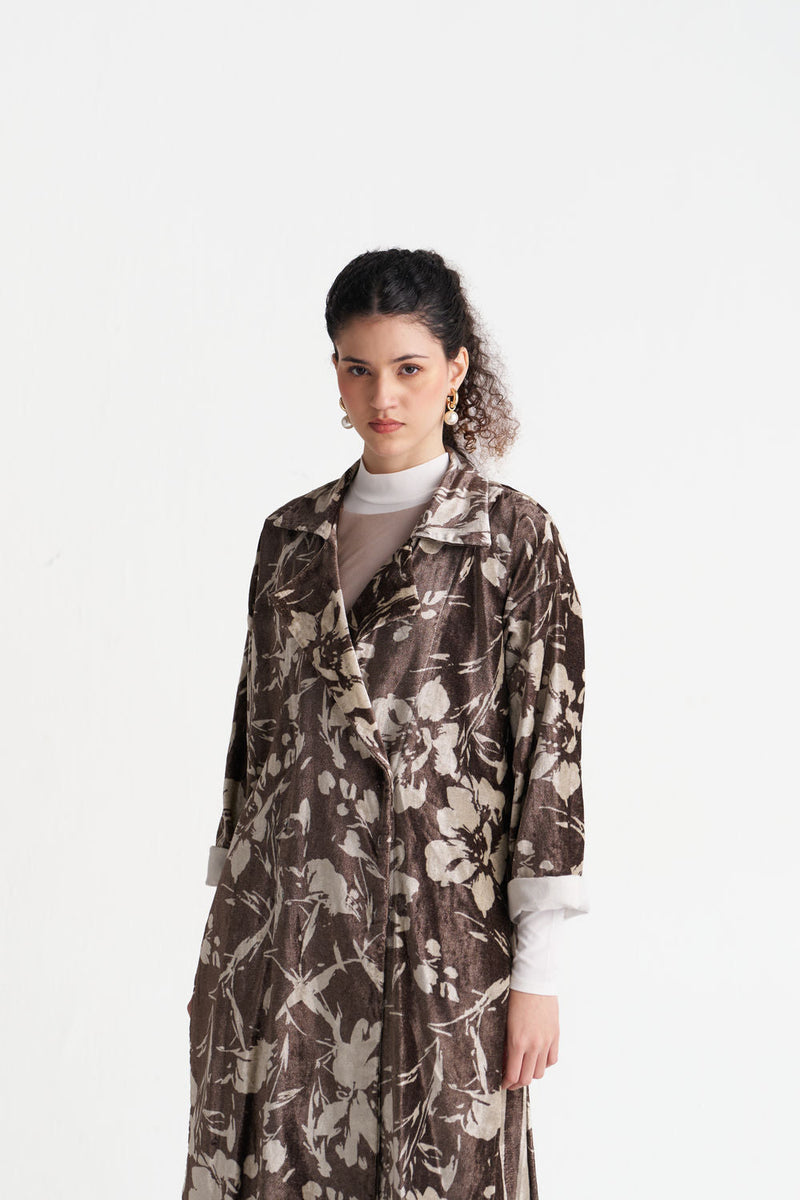 Velvet Floral Overlap Kaftan Co-Ord (Set Of 2)-Umber Floral velvet co-ord set by THREE in brown for women in Singapore