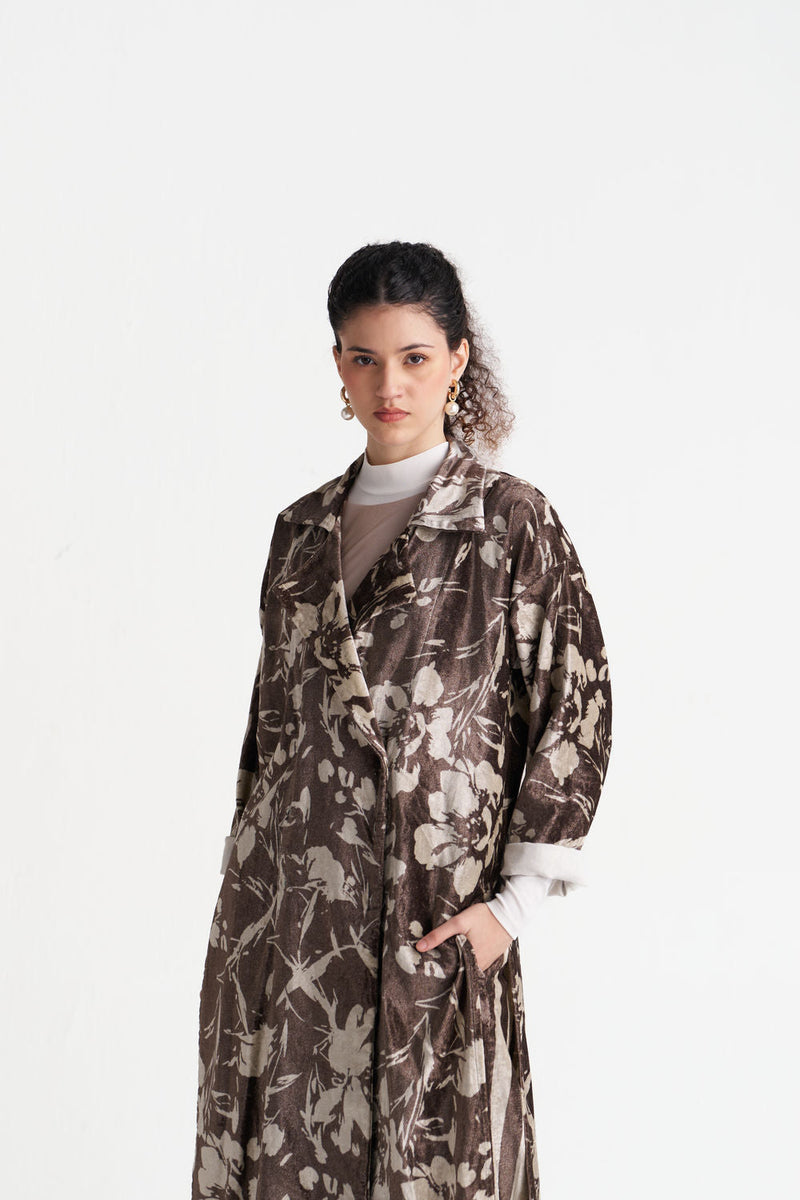 Velvet Floral Overlap Kaftan-Umber Floral velvet jacket/overlay by THREE in brown for women in Singapore