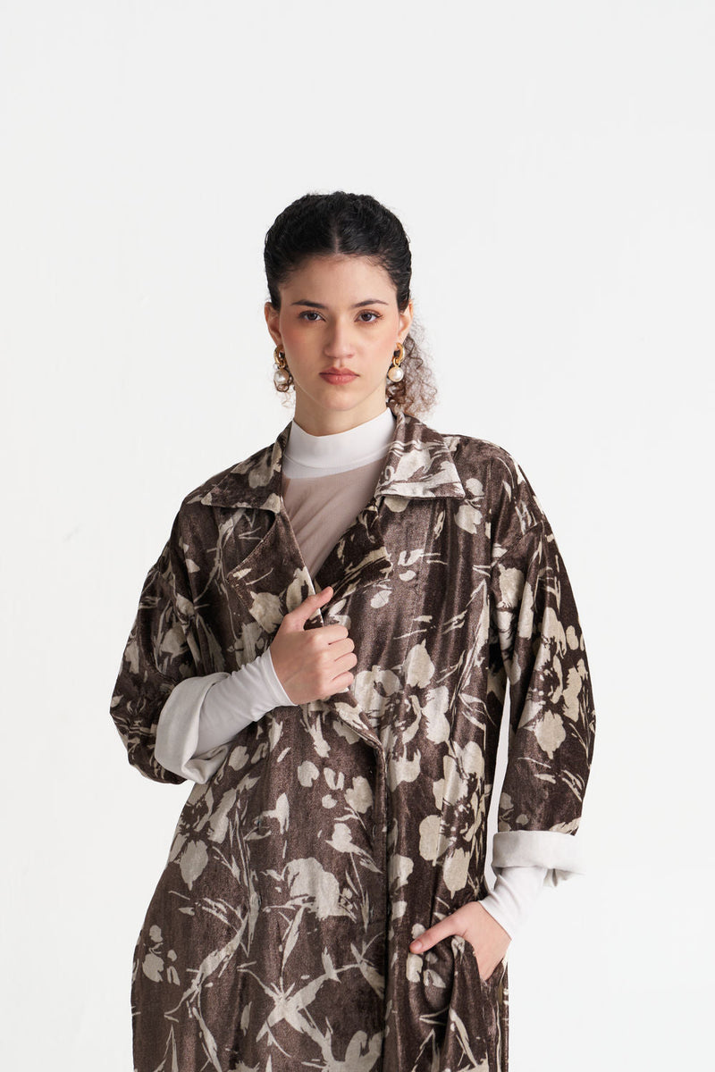 Velvet Floral Overlap Kaftan-Umber Floral velvet jacket/overlay by THREE in brown for women in Singapore