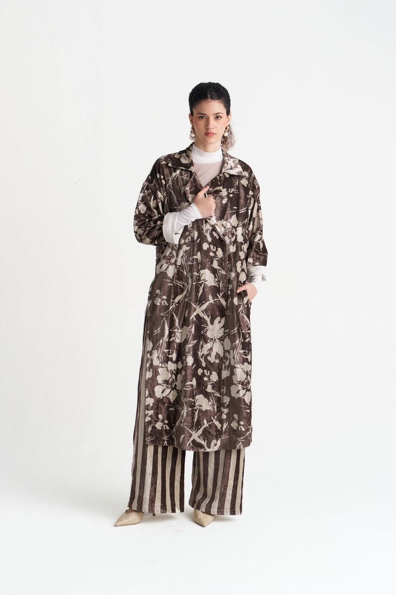 Velvet Floral Overlap Kaftan Co-Ord (Set Of 2)-Umber Floral velvet co-ord set by THREE in brown for women in Singapore