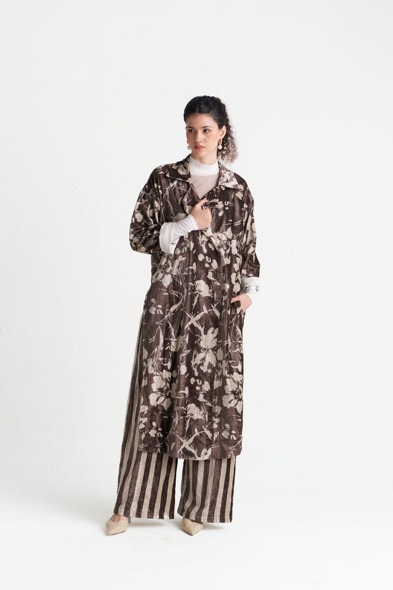 Velvet Floral Overlap Kaftan-Umber Floral velvet jacket/overlay by THREE in brown for women in Singapore