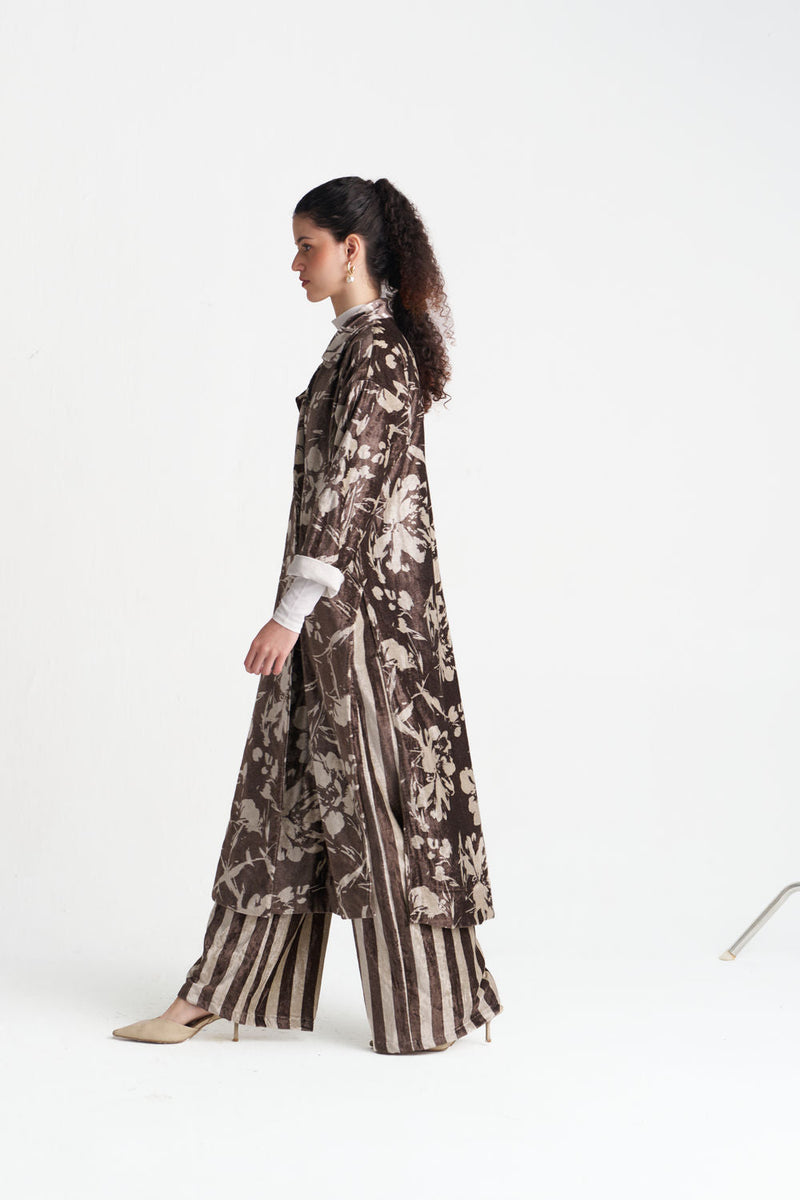 Velvet Floral Overlap Kaftan Co-Ord (Set Of 2)-Umber Floral velvet co-ord set by THREE in brown for women in Singapore