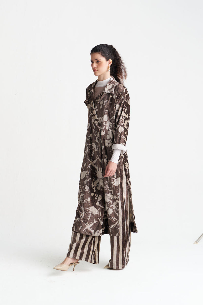 Velvet Floral Overlap Kaftan-Umber Floral velvet jacket/overlay by THREE in brown for women in Singapore