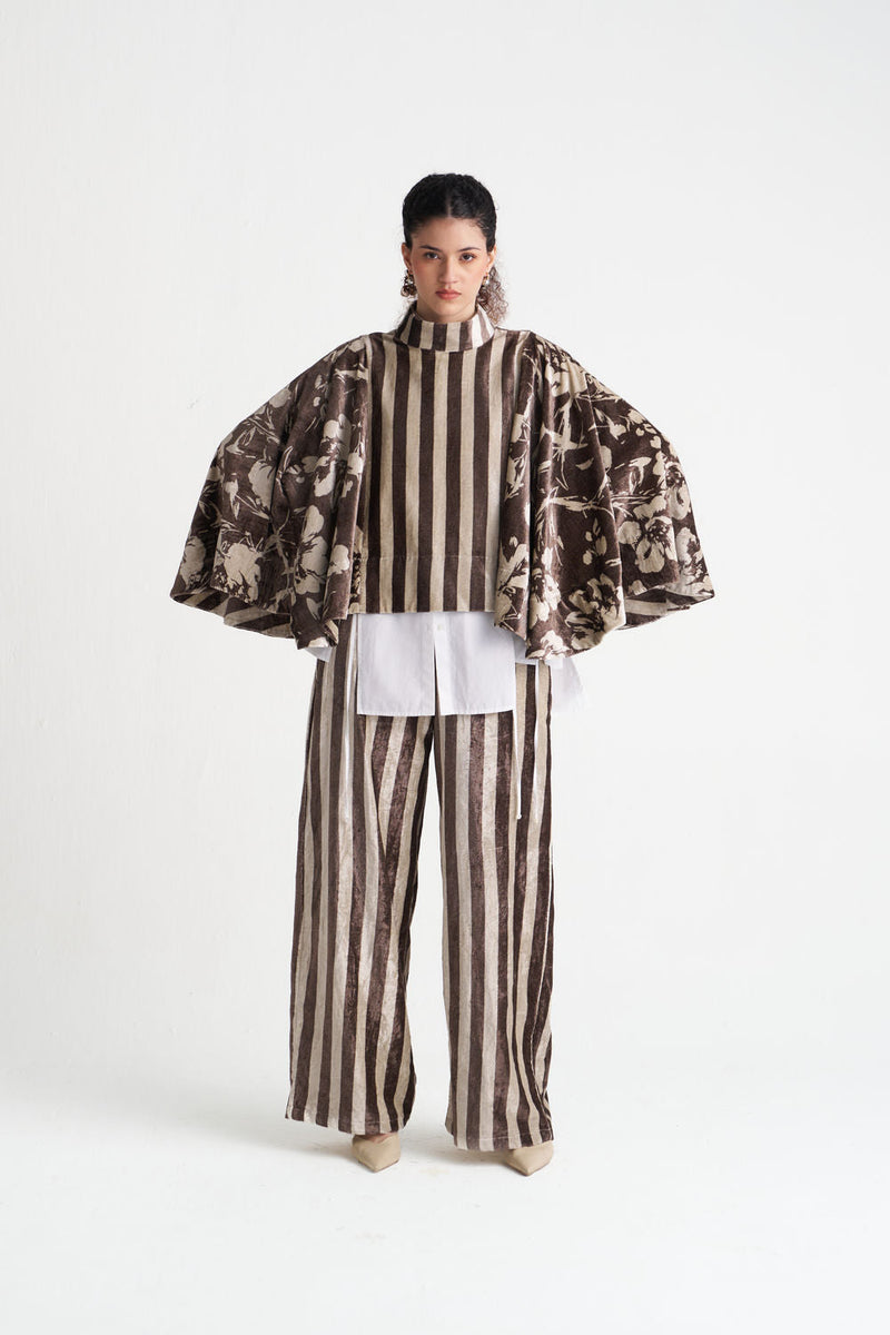 Velvet Poncho (Including Shirt)-Umber Floral + Umber Stripe velvet jacket/overlay by THREE in brown for women in Singapore