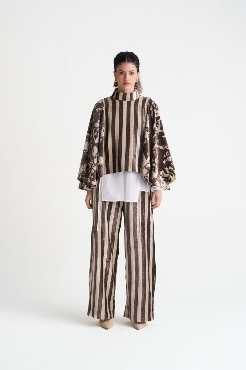Velvet Poncho Co-Ord (Set Of 3)-Umber Floral + Umber Stripe velvet co-ord set by THREE in brown for women in Singapore