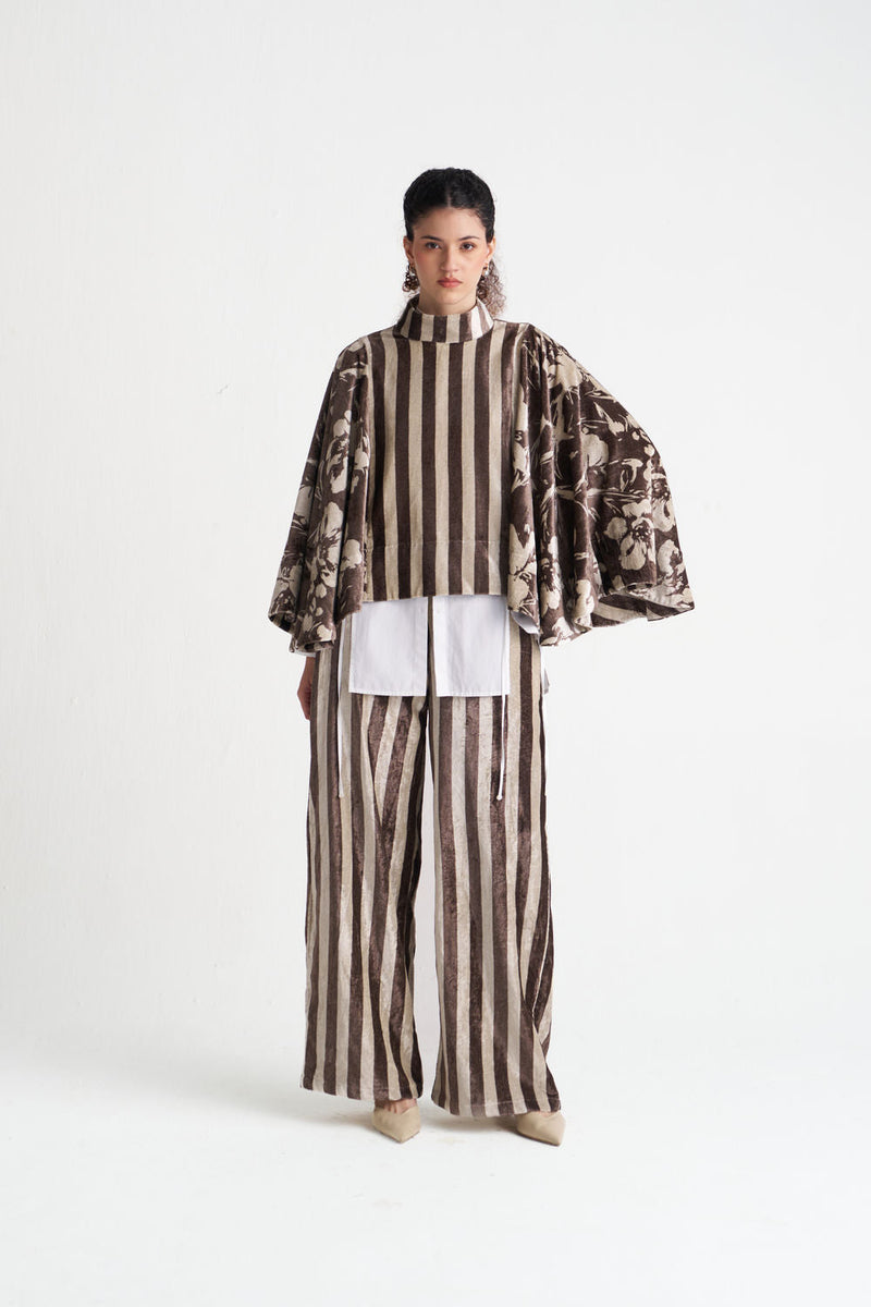Velvet Poncho (Including Shirt)-Umber Floral + Umber Stripe velvet jacket/overlay by THREE in brown for women in Singapore