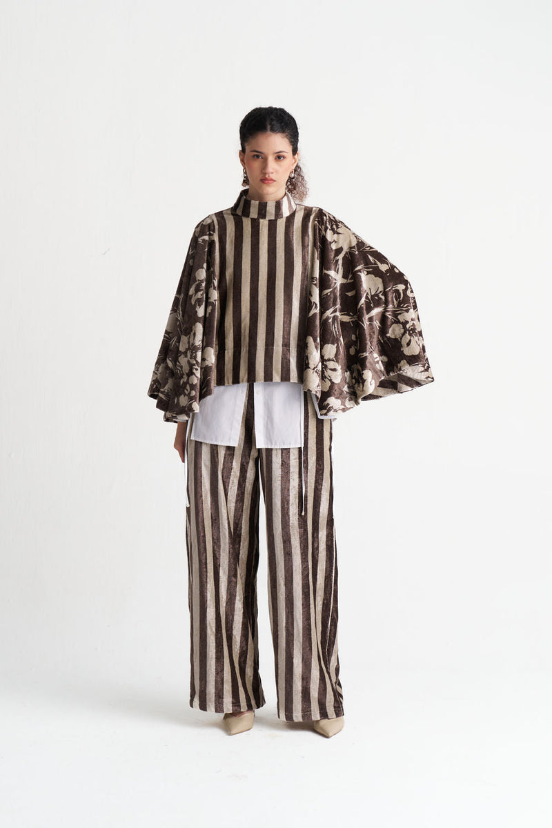 Velvet Poncho (Including Shirt)-Umber Floral + Umber Stripe velvet jacket/overlay by THREE in brown for women in Singapore