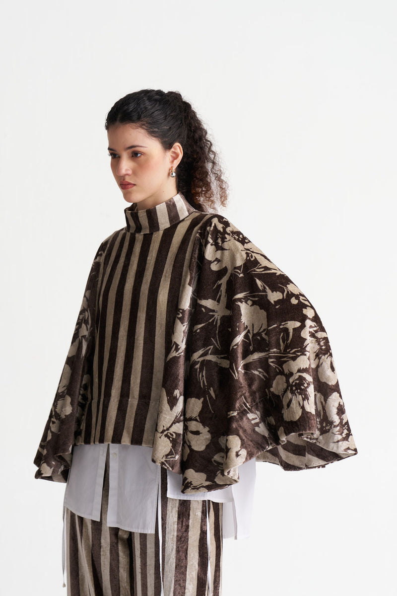 Velvet Poncho (Including Shirt)-Umber Floral + Umber Stripe velvet jacket/overlay by THREE in brown for women in Singapore