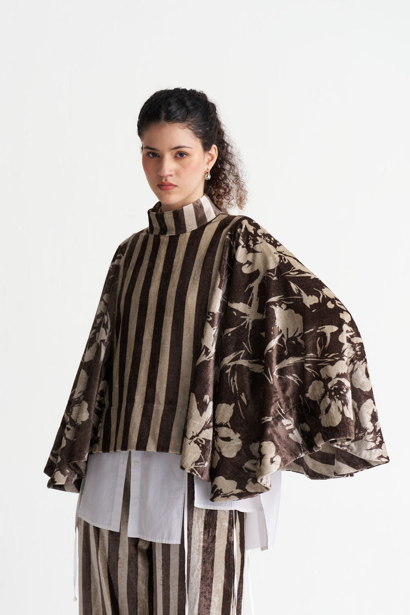 Velvet Poncho Co-Ord (Set Of 3)-Umber Floral + Umber Stripe velvet co-ord set by THREE in brown for women in Singapore
