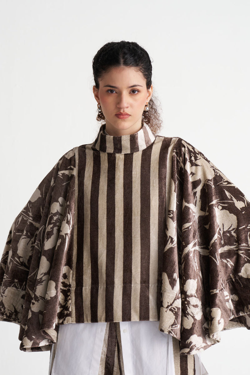 Velvet Poncho Co-Ord (Set Of 3)-Umber Floral + Umber Stripe velvet co-ord set by THREE in brown for women in Singapore