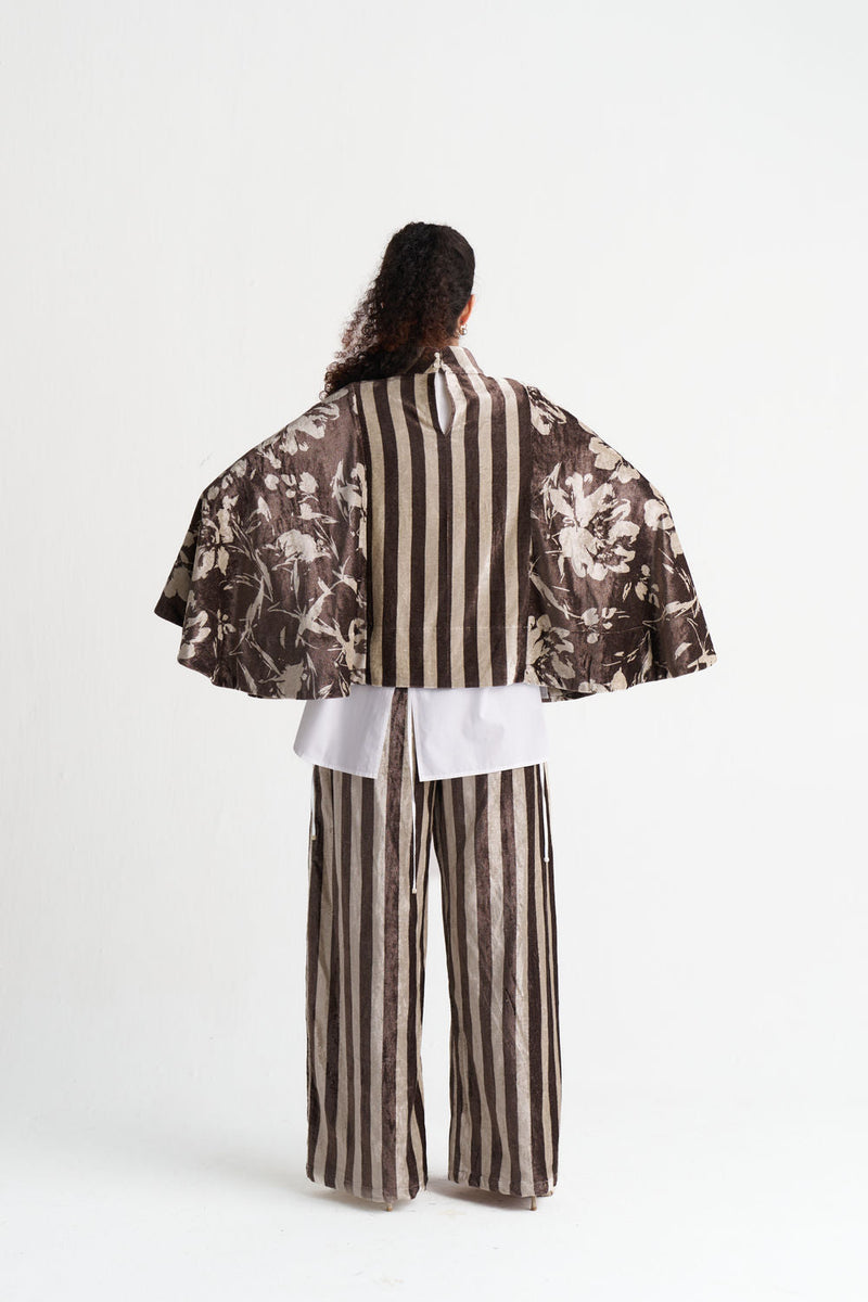Velvet Poncho (Including Shirt)-Umber Floral + Umber Stripe velvet jacket/overlay by THREE in brown for women in Singapore