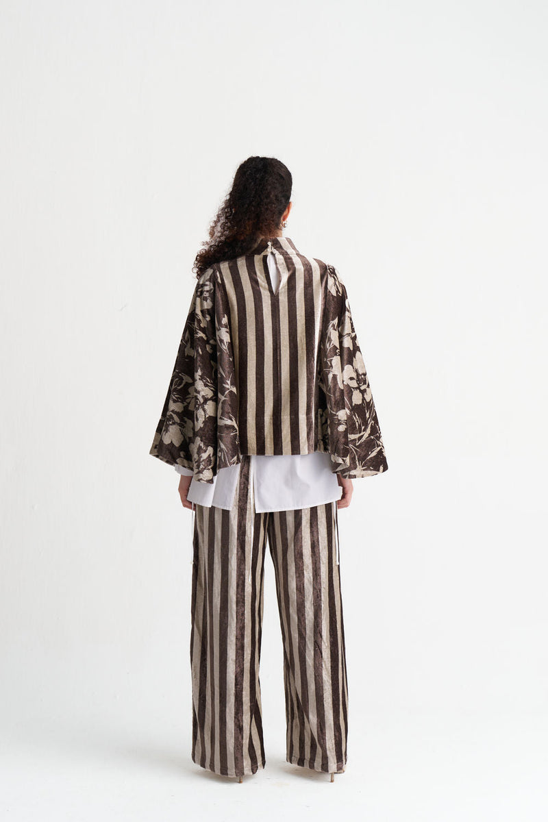 Velvet Poncho (Including Shirt)-Umber Floral + Umber Stripe velvet jacket/overlay by THREE in brown for women in Singapore