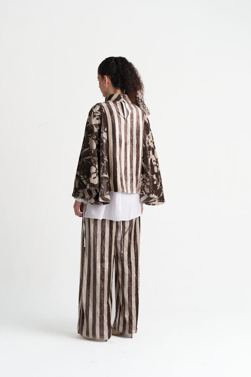 Velvet Poncho Co-Ord (Set Of 3)-Umber Floral + Umber Stripe velvet co-ord set by THREE in brown for women in Singapore