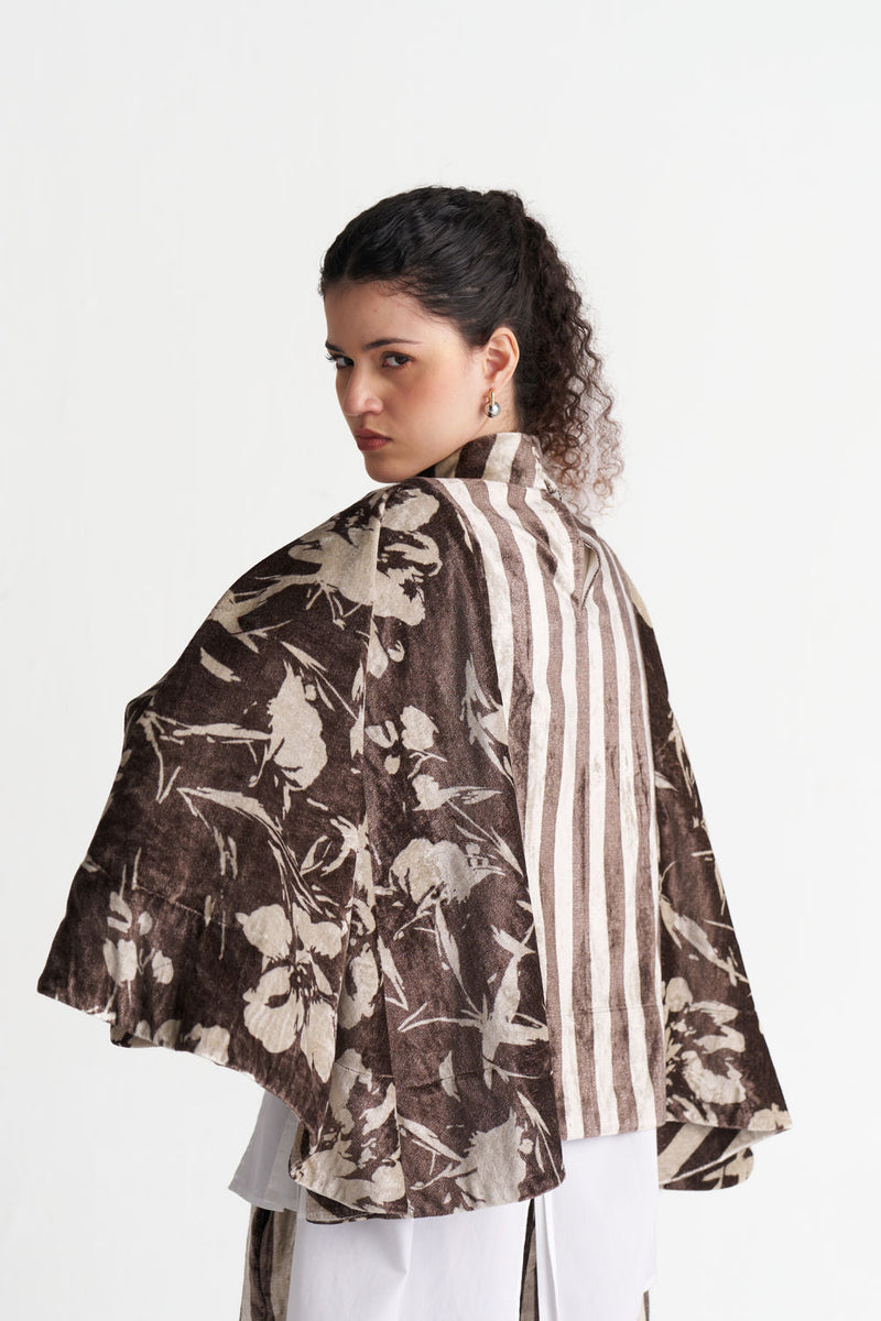 Velvet Poncho (Including Shirt)-Umber Floral + Umber Stripe velvet jacket/overlay by THREE in brown for women in Singapore