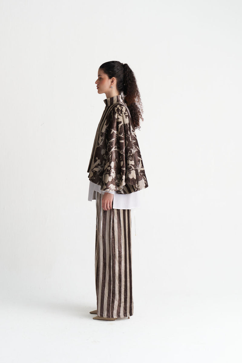 Velvet Poncho Co-Ord (Set Of 3)-Umber Floral + Umber Stripe velvet co-ord set by THREE in brown for women in Singapore