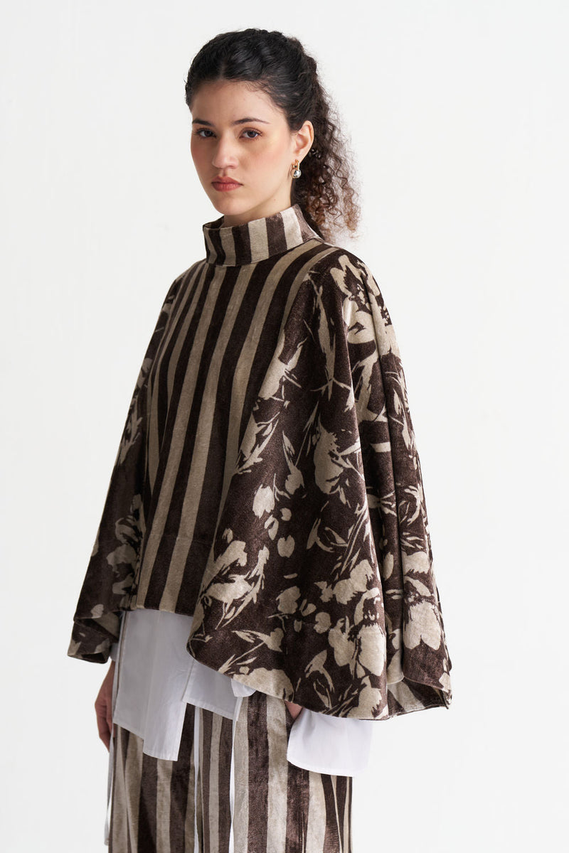 Velvet Poncho Co-Ord (Set Of 3)-Umber Floral + Umber Stripe velvet co-ord set by THREE in brown for women in Singapore