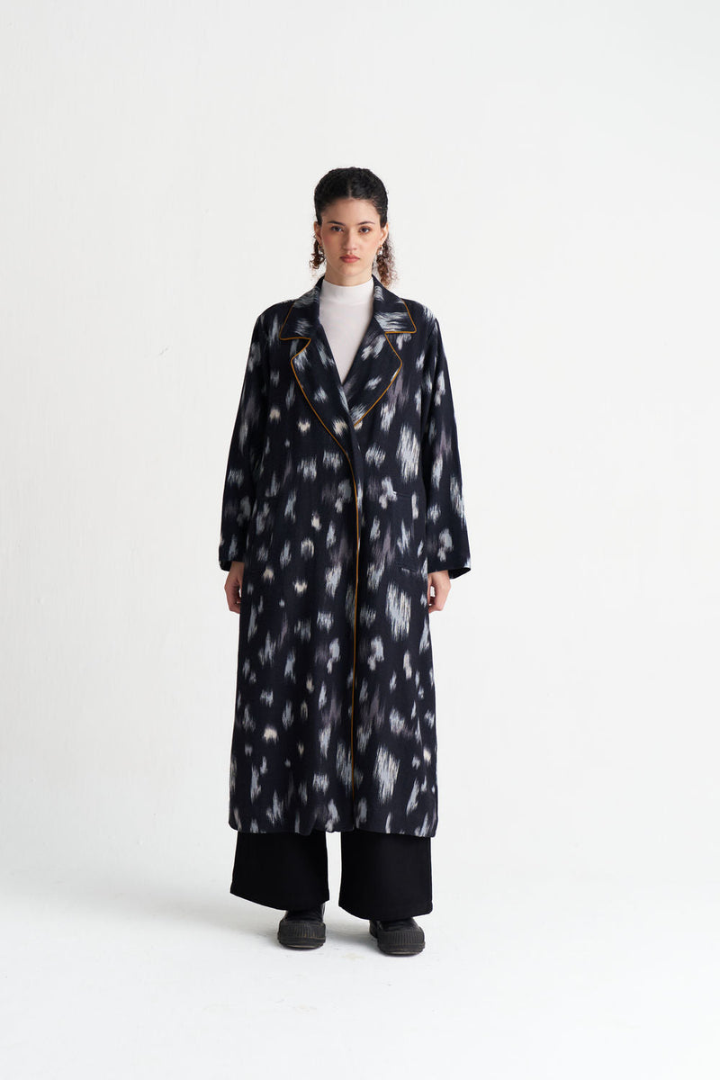 Ikat Print Woollen Trench-Black Ikat Print wool jacket/overlay by THREE in black for women in Singapore