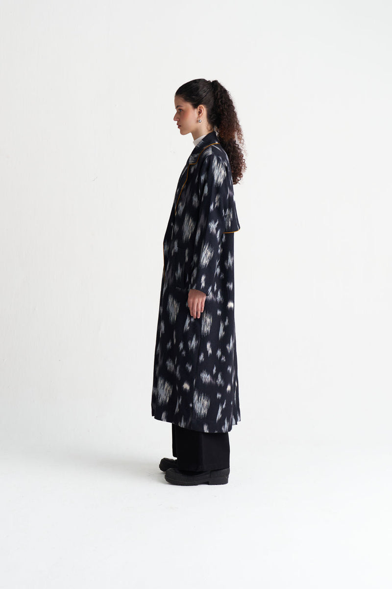 Ikat Print Woollen Trench-Black Ikat Print wool jacket/overlay by THREE in black for women in Singapore
