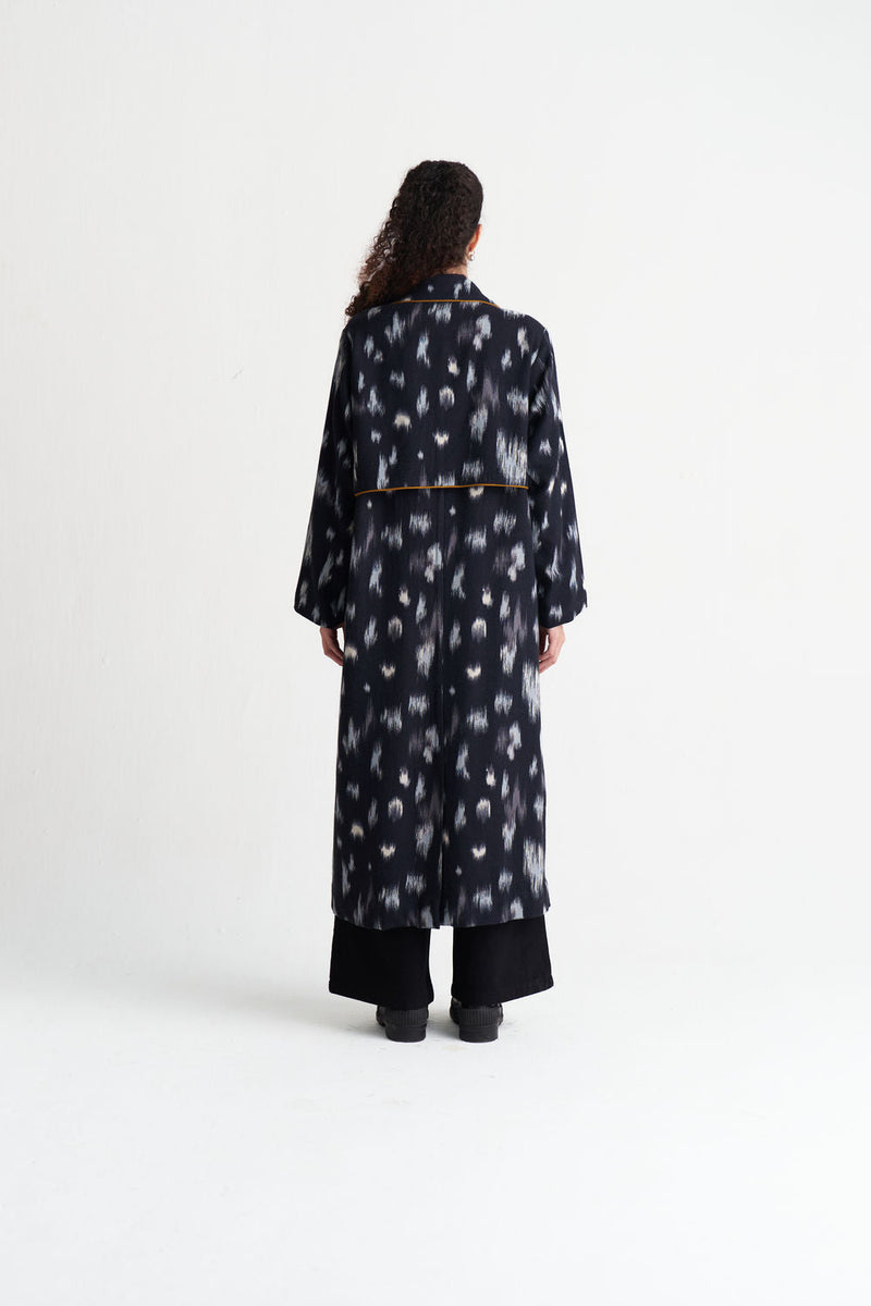 Ikat Print Woollen Trench-Black Ikat Print wool jacket/overlay by THREE in black for women in Singapore
