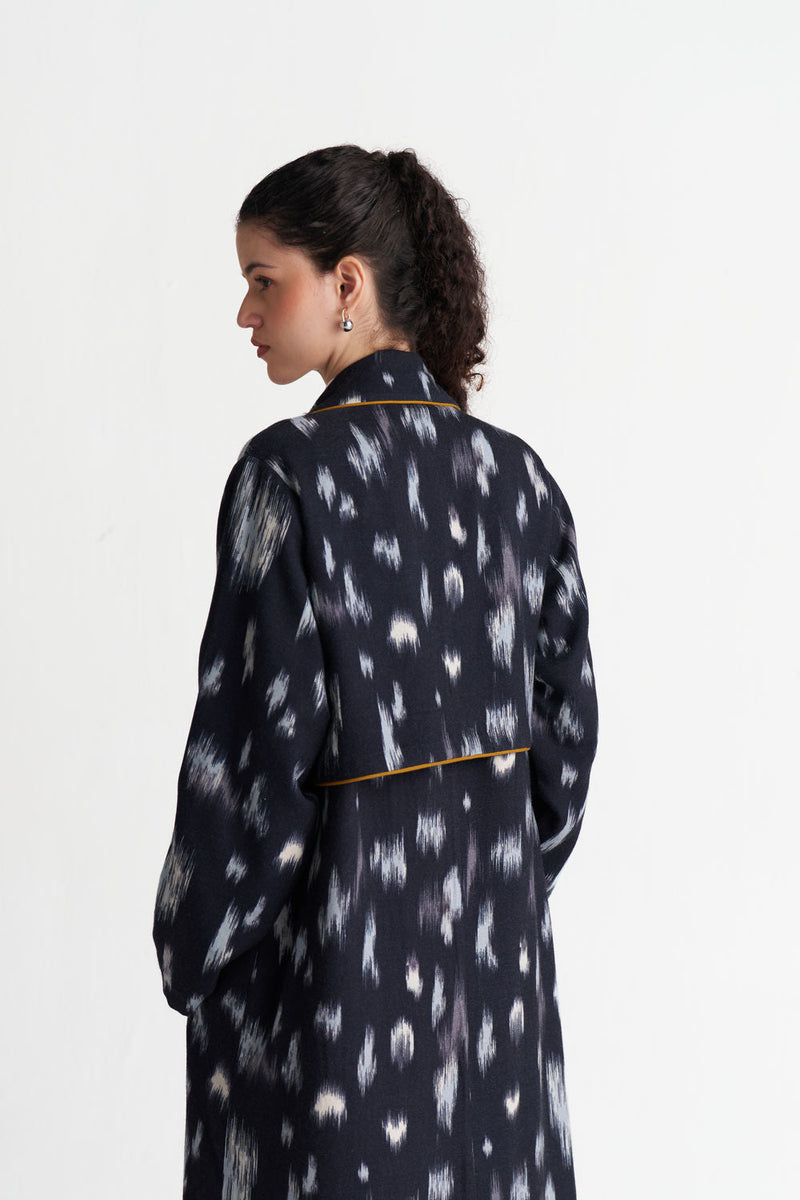 Ikat Print Woollen Trench Co-Ord (Set Of 2)-Black Ikat Print wool co-ord set by THREE in black for women in Singapore