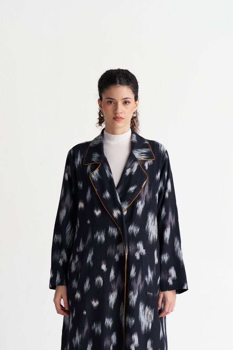 Ikat Print Woollen Trench-Black Ikat Print wool jacket/overlay by THREE in black for women in Singapore