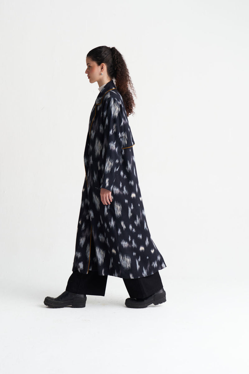 Ikat Print Woollen Trench-Black Ikat Print wool jacket/overlay by THREE in black for women in Singapore