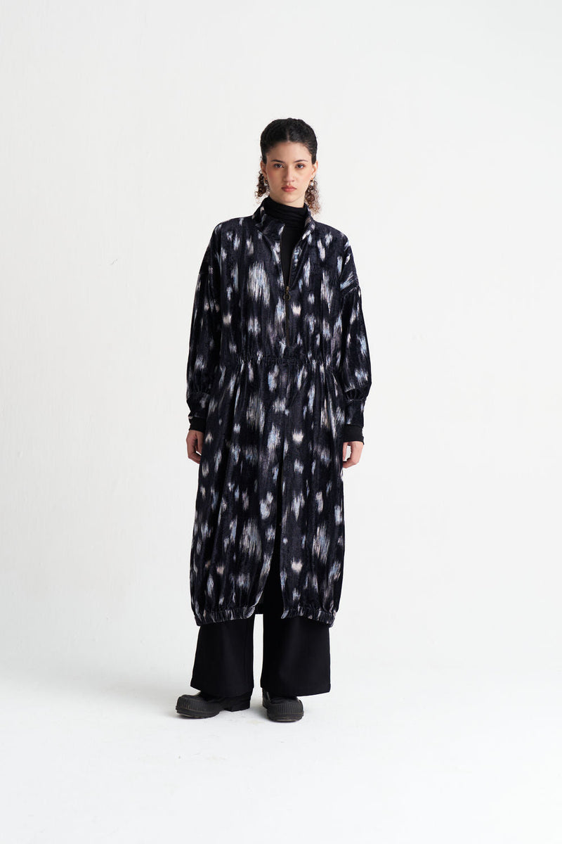 Ikat Print Velvet Drawstring Tunic Co-Ord (Set Of 2)-Black Ikat Print velvet co-ord set by THREE in black for women in Singapore