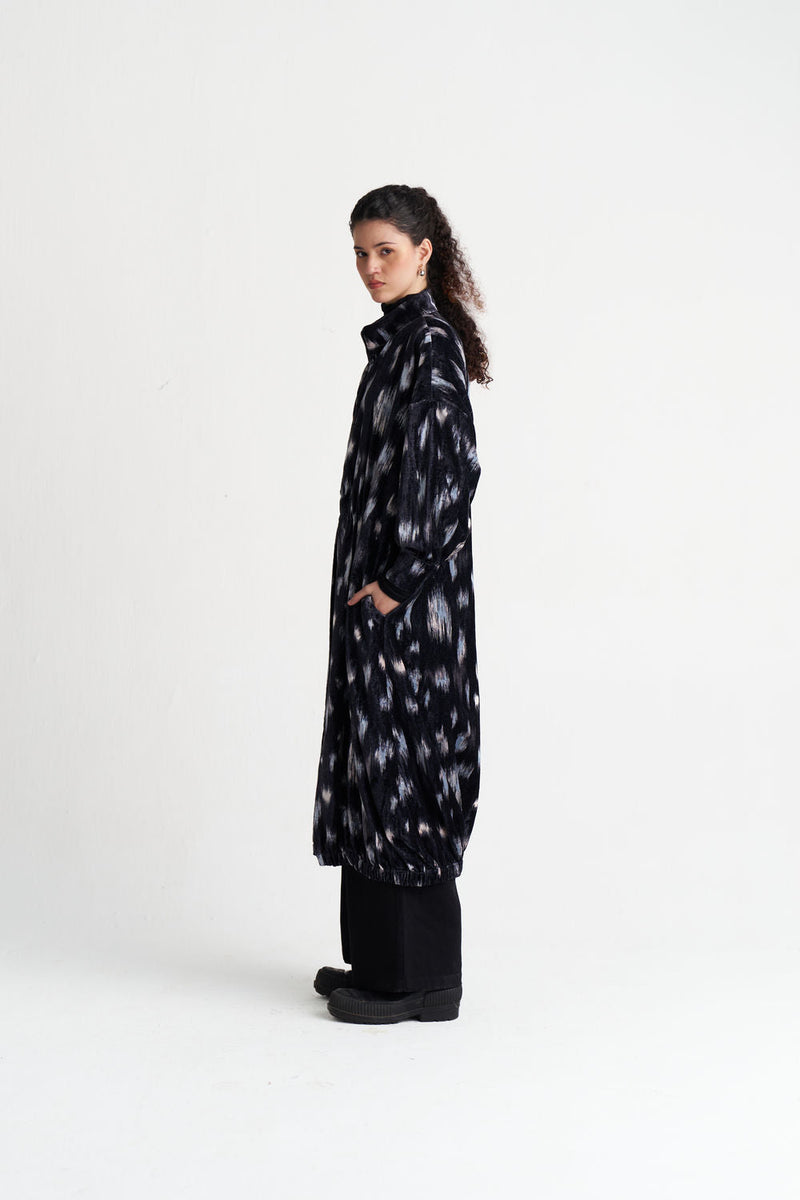 Ikat Print Velvet Drawstring Tunic Co-Ord (Set Of 2)-Black Ikat Print velvet co-ord set by THREE in black for women in Singapore