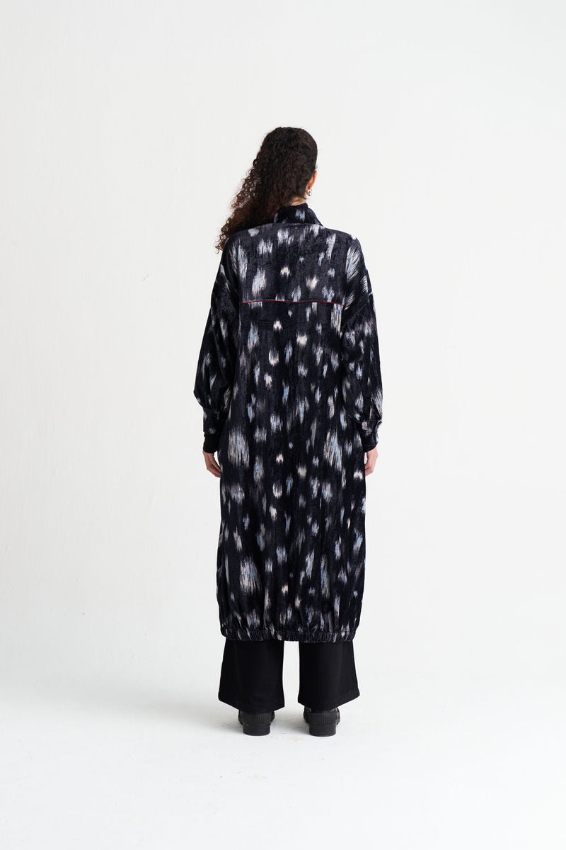 Ikat Print Velvet Drawstring Tunic Co-Ord (Set Of 2)-Black Ikat Print velvet co-ord set by THREE in black for women in Singapore