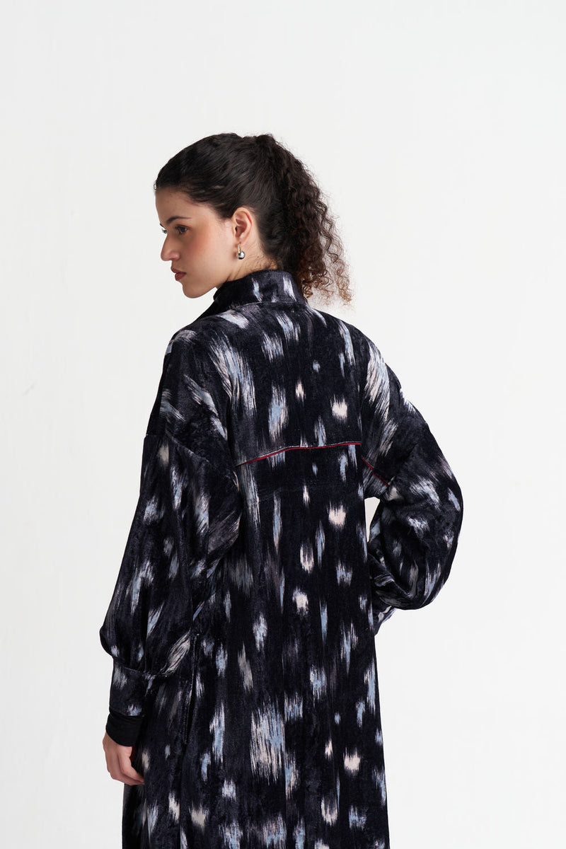 Ikat Print Velvet Drawstring Tunic Co-Ord (Set Of 2)-Black Ikat Print velvet co-ord set by THREE in black for women in Singapore