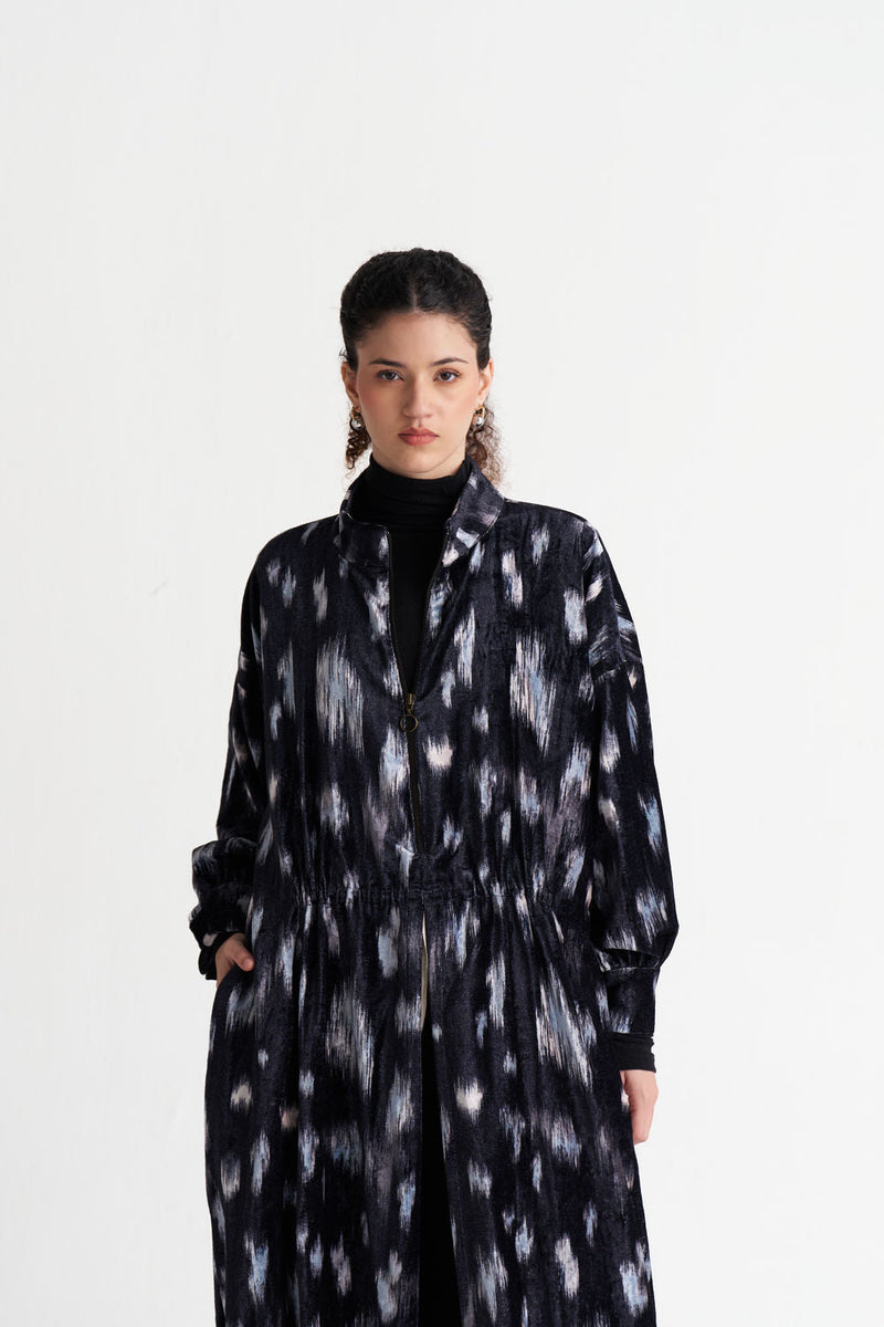 Ikat Print Velvet Drawstring Tunic Co-Ord (Set Of 2)-Black Ikat Print velvet co-ord set by THREE in black for women in Singapore