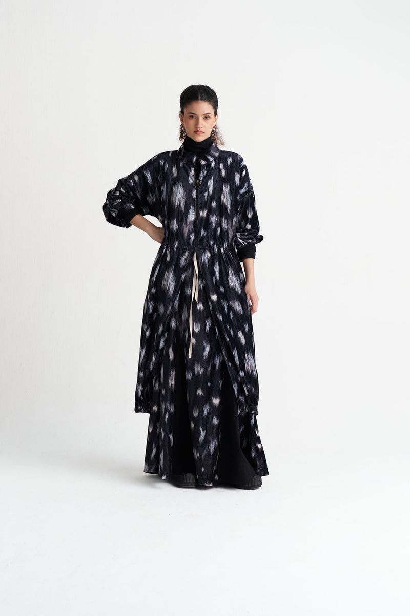 Ikat Print Velvet Circular Skirt Co-Ord (Set Of 2)-Black Ikat Print velvet co-ord set by THREE in black for women in Singapore