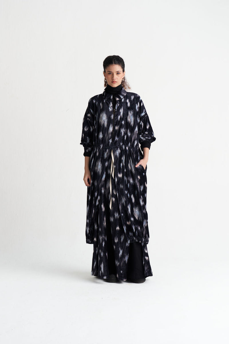 Ikat Print Velvet Circular Skirt Co-Ord (Set Of 2)-Black Ikat Print velvet co-ord set by THREE in black for women in Singapore