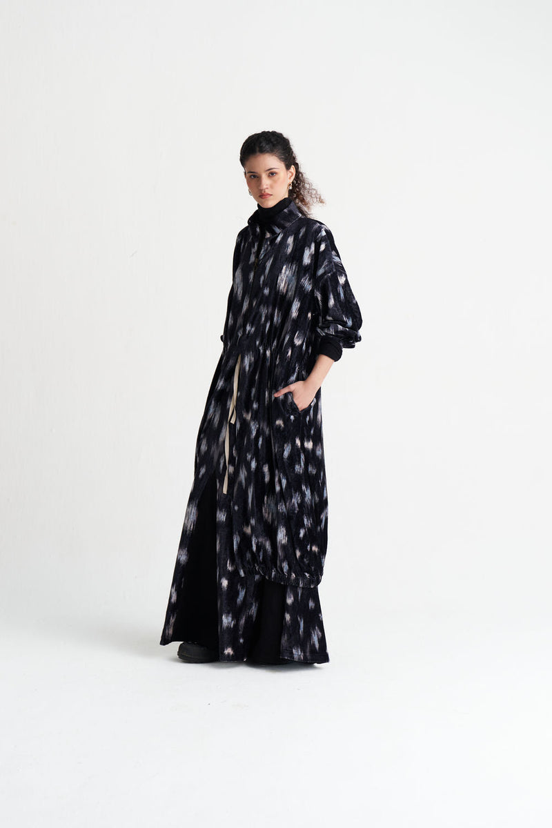 Ikat Print Velvet Drawstring Tunic-Black Ikat Print velvet tunics and kaftans by THREE in black for women in Singapore