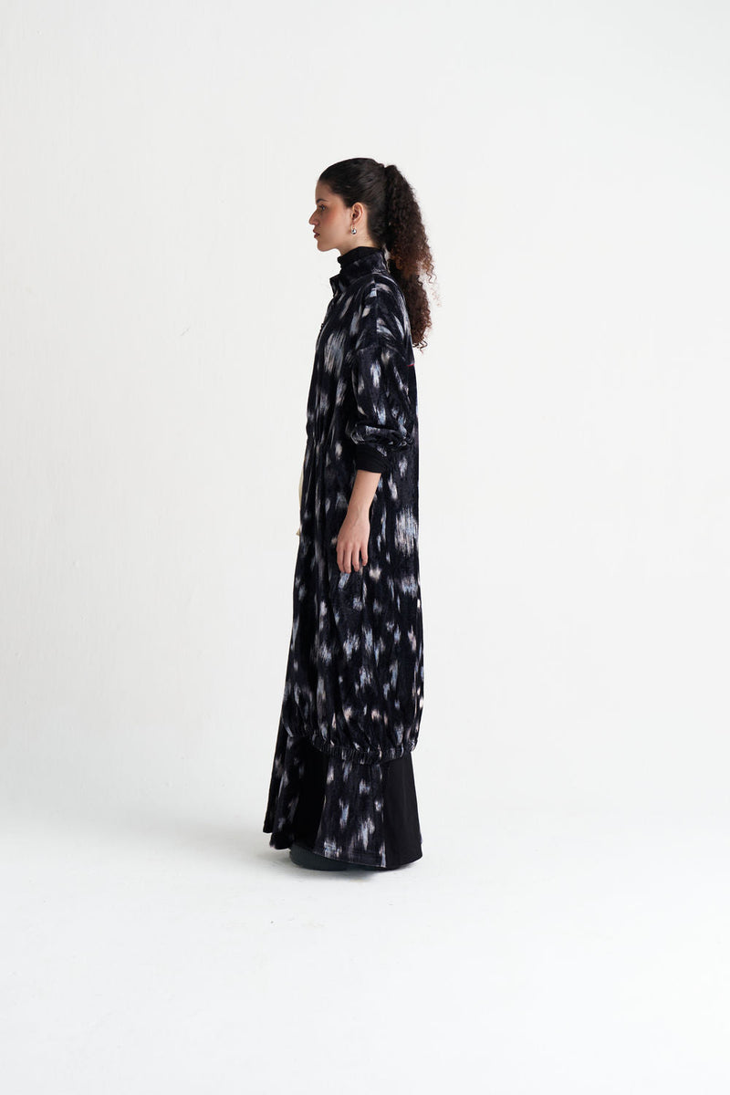 Ikat Print Velvet Circular Skirt Co-Ord (Set Of 2)-Black Ikat Print velvet co-ord set by THREE in black for women in Singapore