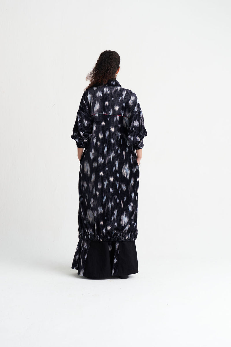 Ikat Print Velvet Drawstring Tunic-Black Ikat Print velvet tunics and kaftans by THREE in black for women in Singapore