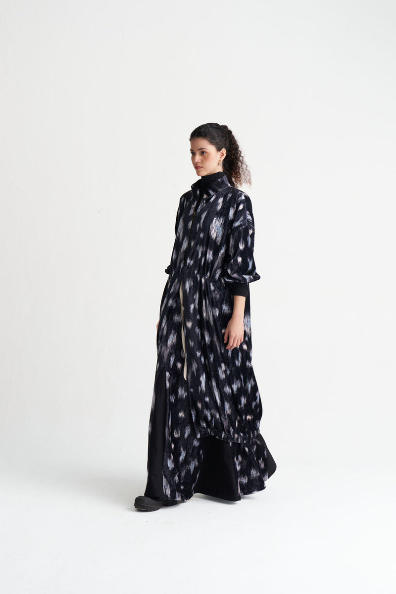 Ikat Print Velvet Circular Skirt Co-Ord (Set Of 2)-Black Ikat Print velvet co-ord set by THREE in black for women in Singapore