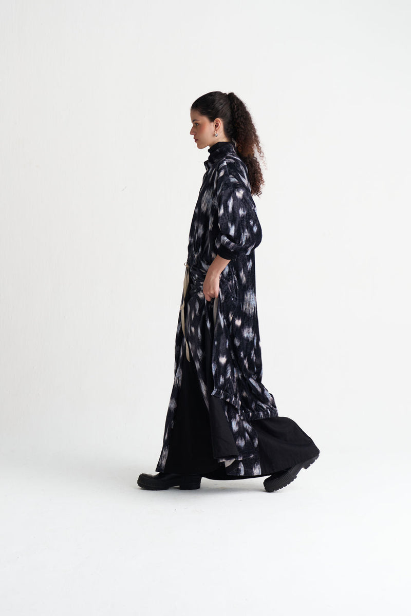 Ikat Print Velvet Drawstring Tunic-Black Ikat Print velvet tunics and kaftans by THREE in black for women in Singapore