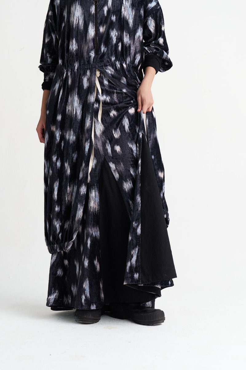 Ikat Print Velvet Circular Skirt Co-Ord (Set Of 2)-Black Ikat Print velvet co-ord set by THREE in black for women in Singapore