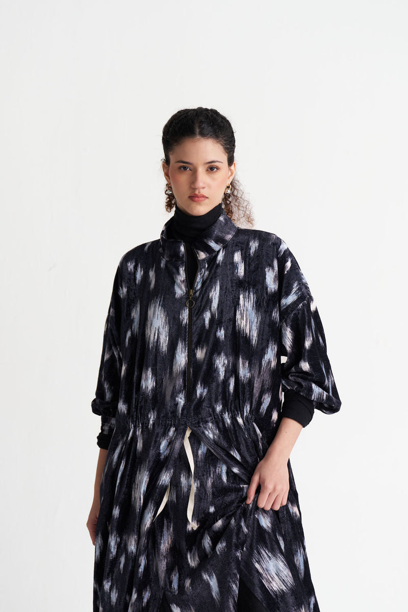 Ikat Print Velvet Drawstring Tunic-Black Ikat Print velvet tunics and kaftans by THREE in black for women in Singapore