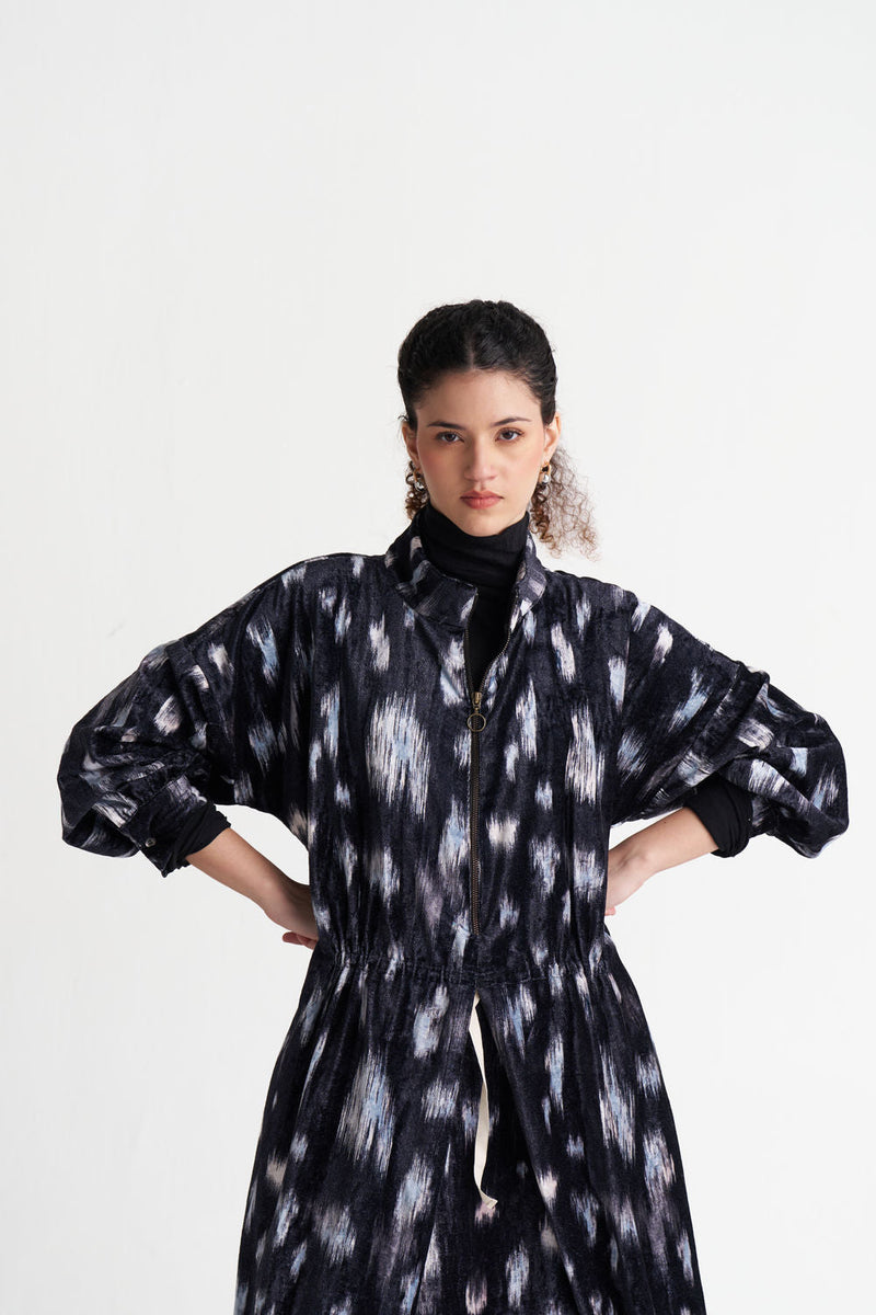 Ikat Print Velvet Circular Skirt Co-Ord (Set Of 2)-Black Ikat Print velvet co-ord set by THREE in black for women in Singapore