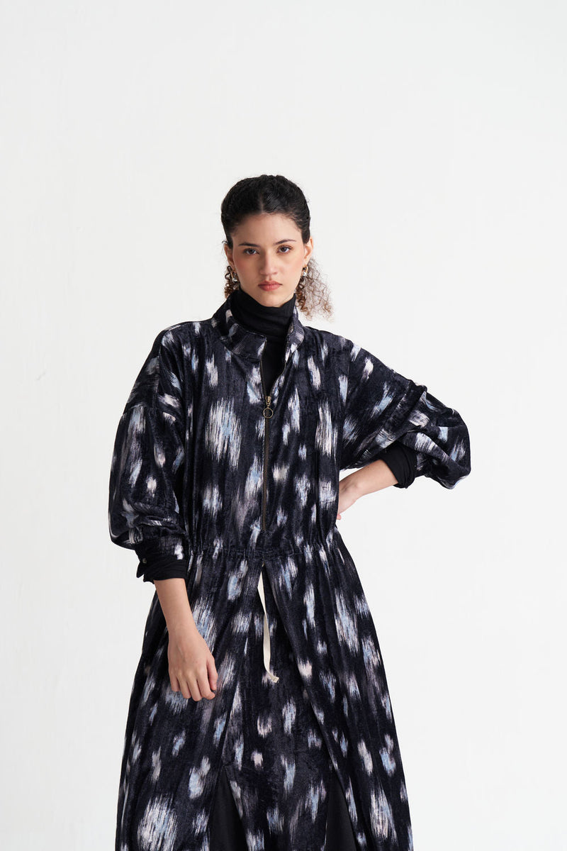 Ikat Print Velvet Drawstring Tunic-Black Ikat Print velvet tunics and kaftans by THREE in black for women in Singapore